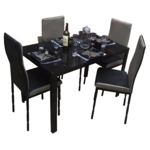 Modern 4-seater dining set with black tempered glass table and four black and grey faux leather upholstered chairs