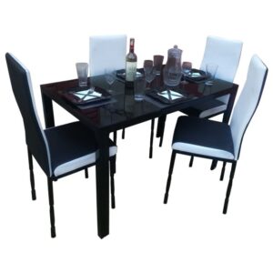 Stylish 4-seater dining set with black tempered glass table and four high-back black and white faux leather chairs.