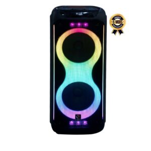 Rechargeable Bluetooth party speaker with dual 10-inch woofers and dynamic multicolor LED light show.