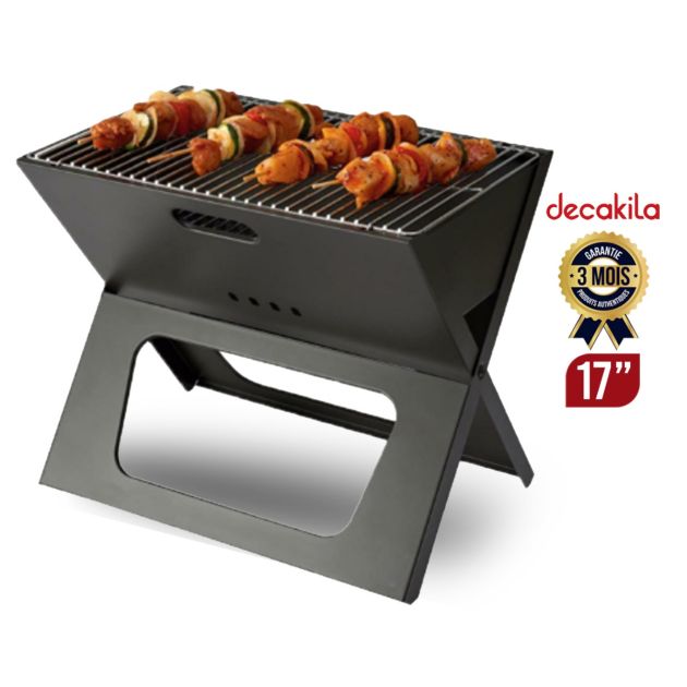 Decakila KMCC014B 17-inch black foldable portable charcoal grill with stainless steel cooking grid for camping and picnic.