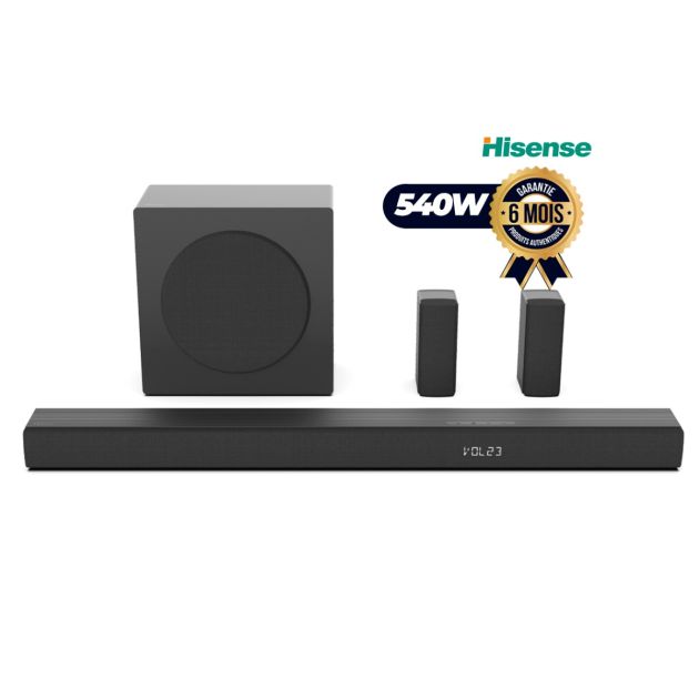 Hisense HS5100 5.1 channel 540W soundbar system with wireless subwoofer and two compact rear surround speakers for home theatre audio