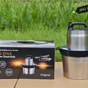 KING STYLE Top Notch 8-Litre stainless steel multifunction food processor and yam pounder with black lid, 100% copper motor, and Italian blade shown next to its packaging.