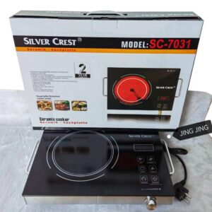 Silver Crest SC-7031 single-burner black ceramic infrared hot plate with digital touch controls, waterproof tempered glass surface, and stainless steel housing.