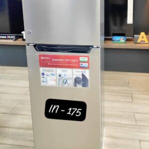 Innova 175 Litre compact standing refrigerator, two-door design, silver finish, showing interior shelves and vegetable crisper.