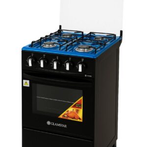 Glamstar 4-burner automatic black gas cooker with integrated oven and standing cabinet, modern kitchen appliance.